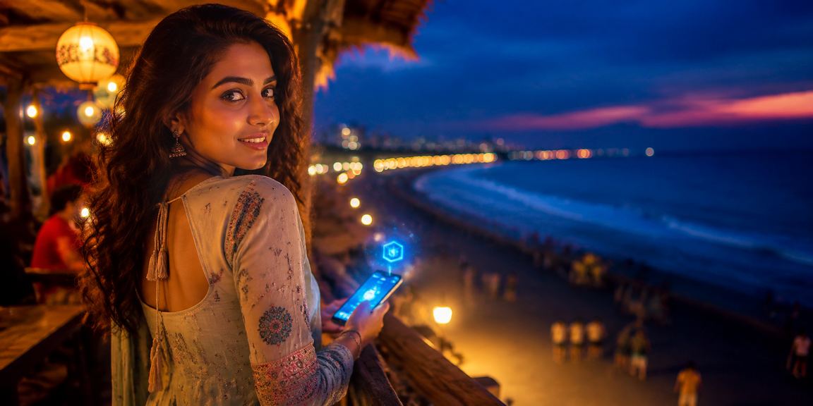Player enjoying Teen Patti on mobile near Chennai Marina Beach